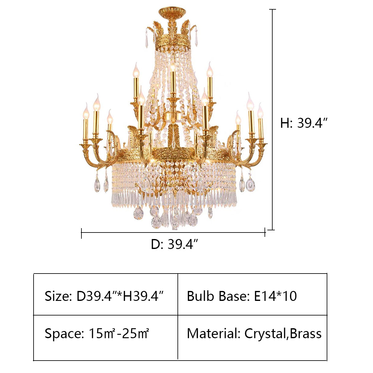 1 layer: D39.4*H39.4" Large Oversized Luxury Golden Metal Brass  Candle Crystal Tassel Chandelier  For High-ceiling Staircase/Entryway/Hallway/Living/Meeting Room