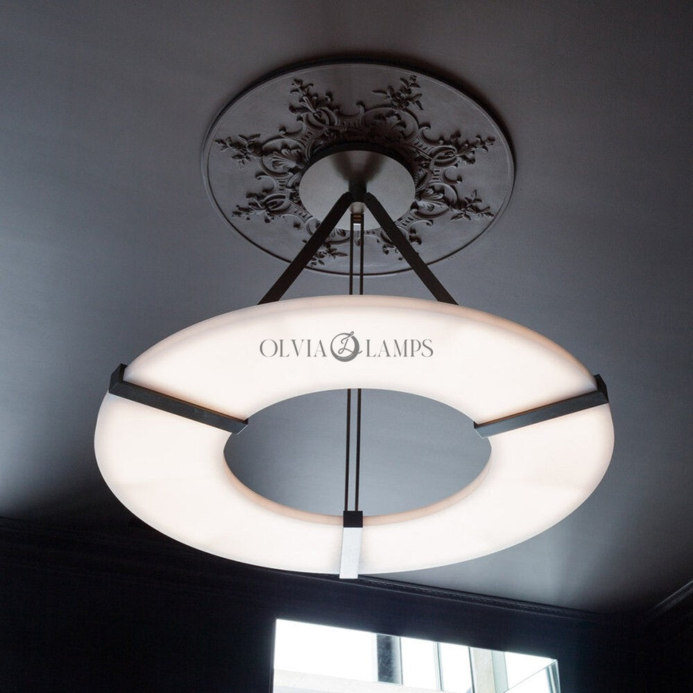 Elliot's Grace: Round Alabaster Plate Chandelier, Exquisite Illumination