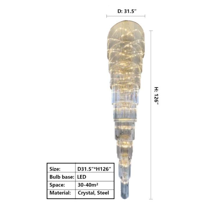 Extra Large Multi-layers Long Golden Crystal Chandelier for 2-Storey/Duplex Buildings/Dining Room/Staircase