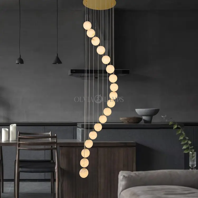 Alabaster Brass Modern Globe Spiral Chandelier