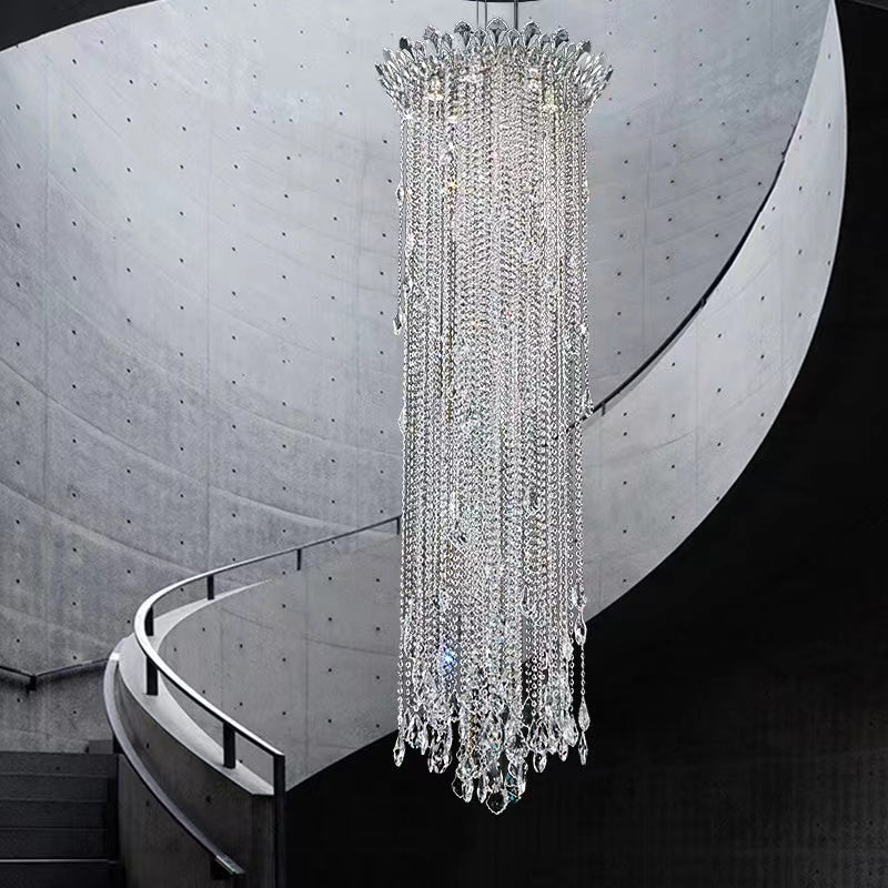 light luxury,  tassel, crystal, pendant,  indoor, chandelier,  staircase,   high- ceiling,  lobby, hallway, loft,  duplex