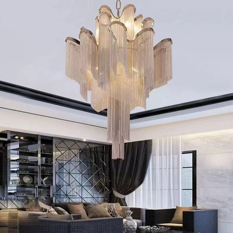 chandelier,chandeliers,large living room,staircase,villa,spiral staircase,pendant,post-modern,tassel chandeliers,silver,gold