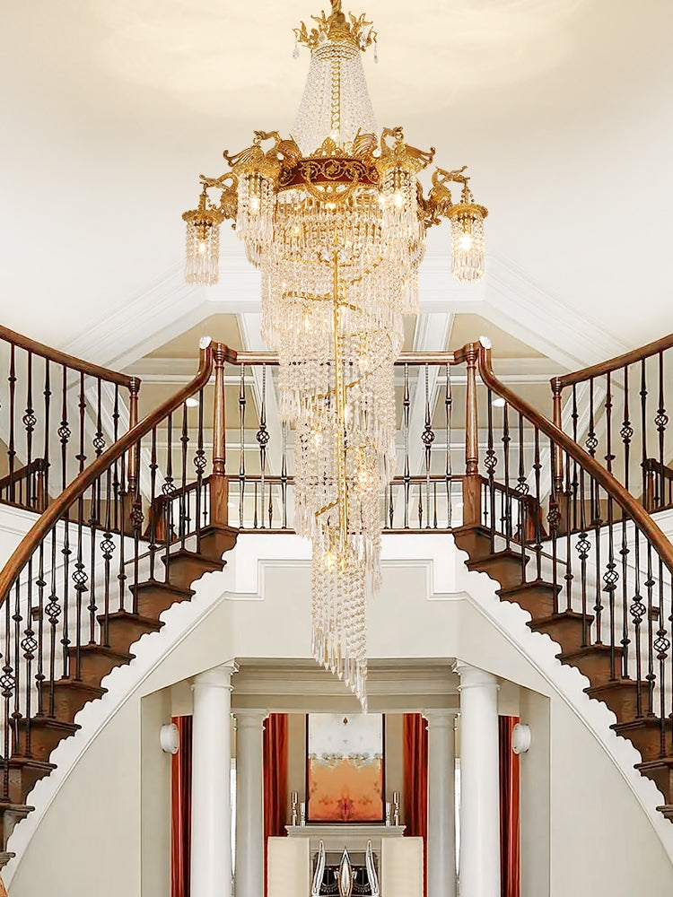 chandelier,chandeliers,extra large,huge,big,staircase,spiral staircase,brass,crystal