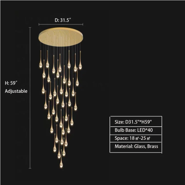 D31.5"*H59.0" chandelier,chandeliers,pendant,glass,light luxury,luxury,gold,long,high,staircase,spiral staircase,stair,raindrop rod,rods,kitchen island,dining table,dining bar,long table,big table,bar