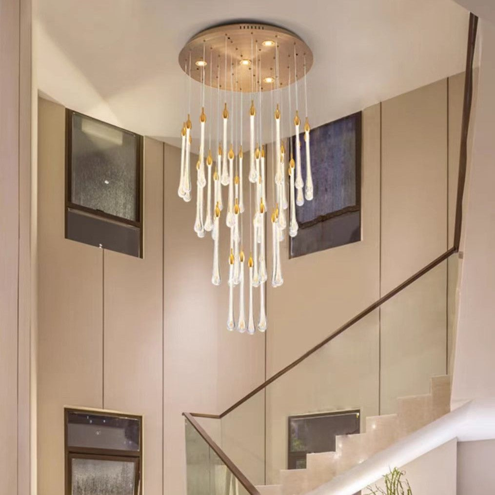 chandelier,chandeliers,pendant,glass,light luxury,luxury,gold,long,high,staircase,spiral staircase,stair,raindrop rod,rods,kitchen island,dining table,dining bar,long table,big table,bar