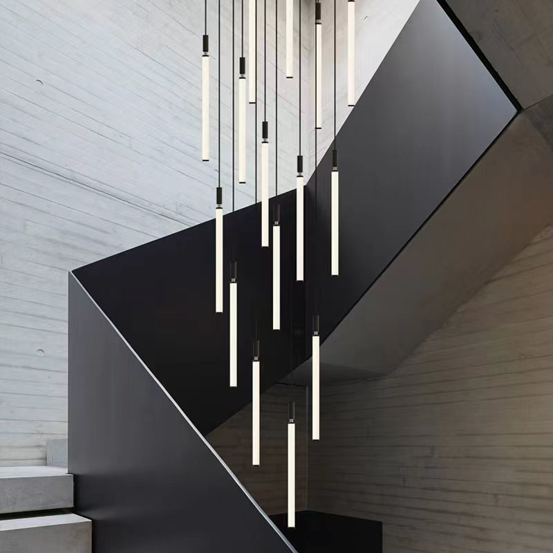 Motif Draped Multi Light Pendant,chandelier,chandeliers,glass,iron,black,slender,minimalist,nordic,stair,stairs,staircase,high-ceiling room,living room,loft,duplex,long,high