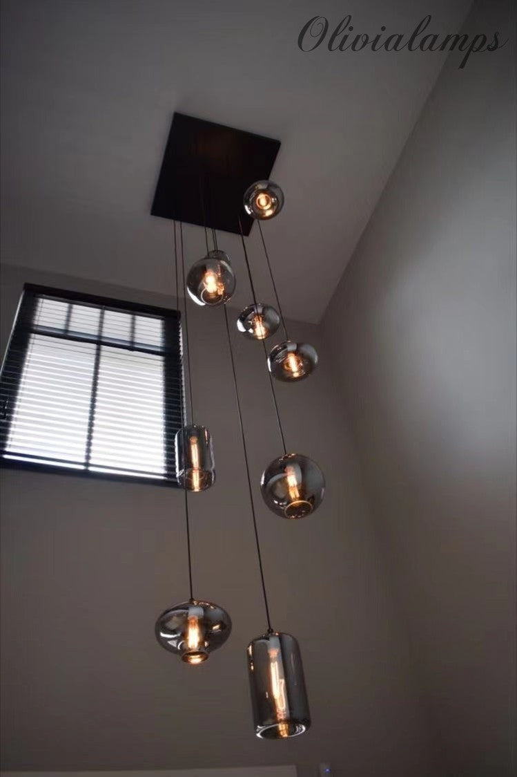 Modern Smoke Gray Glass Pendant Light Fixture Chandelier For 2 Story Foyer/Enterway/Staircase