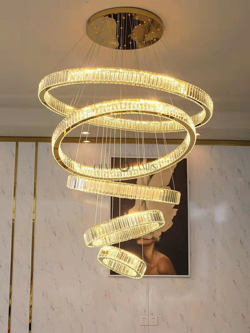 Extra Length Modern Front Entryway Luxury Aesthetic Chandelier 5 Rings Crystal Gold/ Chrome Finish Ceiling Lamp For Hotel Hallway Entrance Lobby