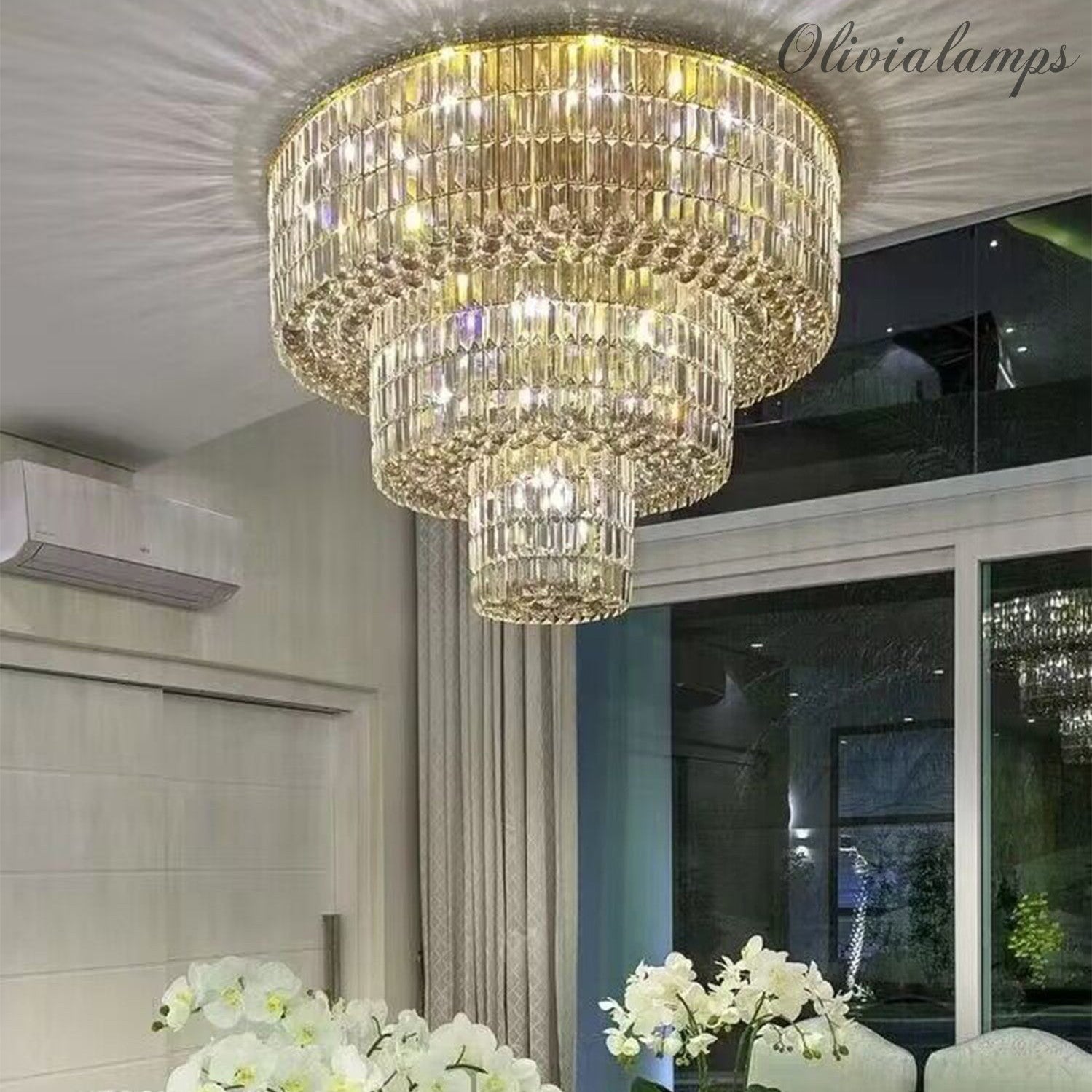 MODERN extra large/huge 3-tiered gold crystal light ceiling round crystal light fixture for living room/dining room/foyer