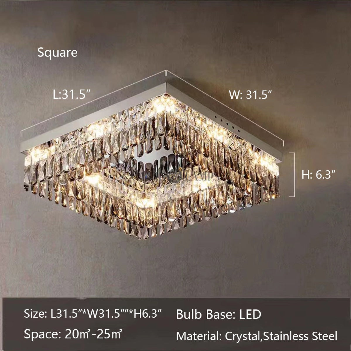 L31.5"*W31.5"*H6.3" chandelier,chandeliers,flush mount,ceiling,crystal,smoky gray,stainless steel,square,rectangle,mirror,bedroom,living room,dining room,hallway,check room