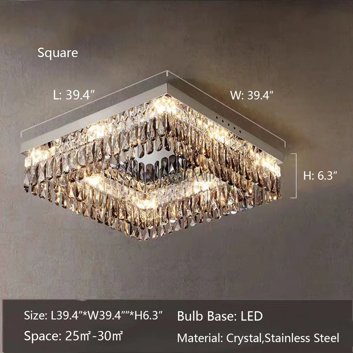 L39.4"*W39.4"*H6.3" chandelier,chandeliers,flush mount,ceiling,crystal,smoky gray,stainless steel,square,rectangle,mirror,bedroom,living room,dining room,hallway,check room