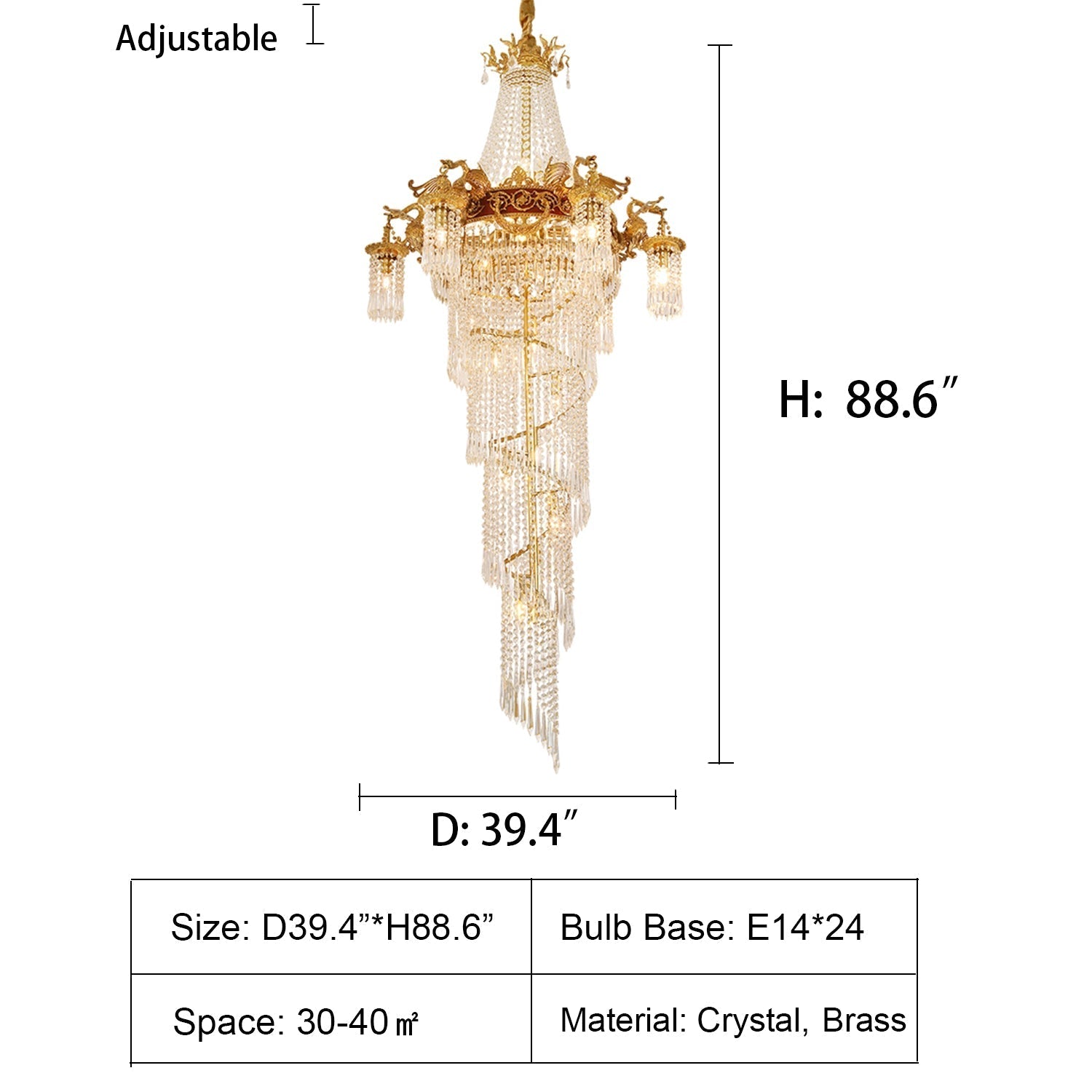 D39.4"*H88.6" chandelier,chandeliers,extra large,huge,big,staircase,spiral staircase,brass,crystal