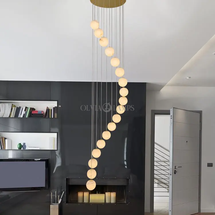 Alabaster Brass Modern Globe Spiral Chandelier