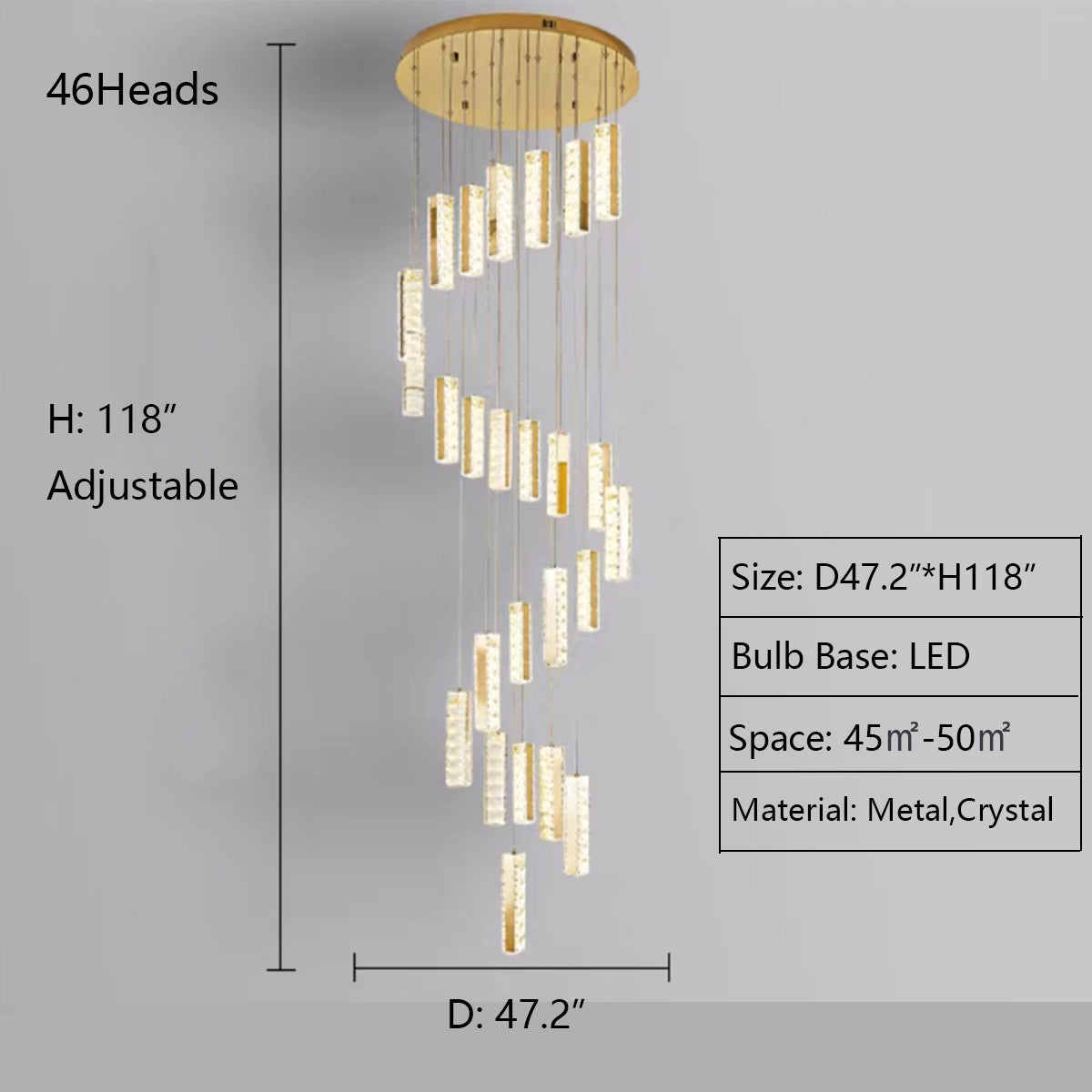 46Heads: D47.2"*H118.0" chandelier,chandeliers,ceiling,flush mount,pendant,rectangle,round,spiral,crystal,metal,brass,stainless steel