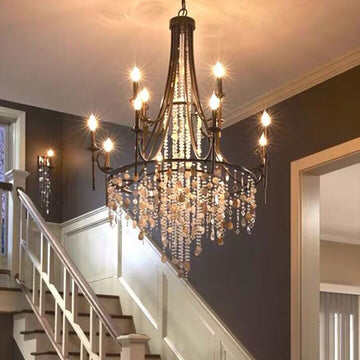 New American Vintage Iron Candle Crystal Chandelier,Fashion Shell Shape Staircase Foyer Lighting