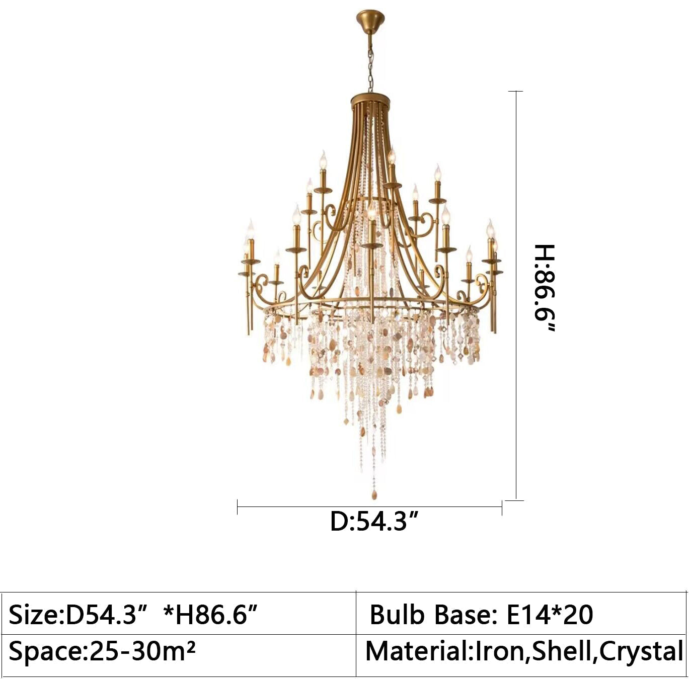 D54.3"*H86.6" EXTRA large 2023 New American Vintage Iron Candle Crystal Chandelier,Fashion Shell Shape Staircase Foyer Lighting