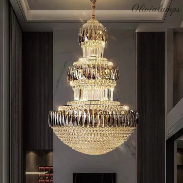 Golden Era Grand Cascade Fountain Chandelier with Smoky Gray & Clear Crystals for High Ceilings