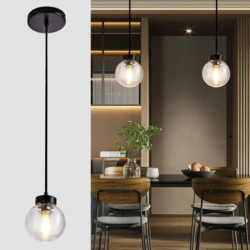 Black Pendant Lights Kitchen Island, Modern Globe Clear Glass Hanging Pendant Light