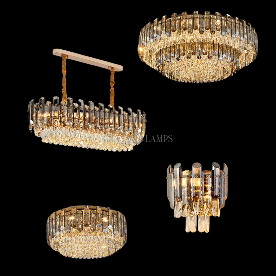 Smoke Gray Crystal Chandelier Flush Mounted Ceiling Light Fitxture Set for Dining Room/Living Room