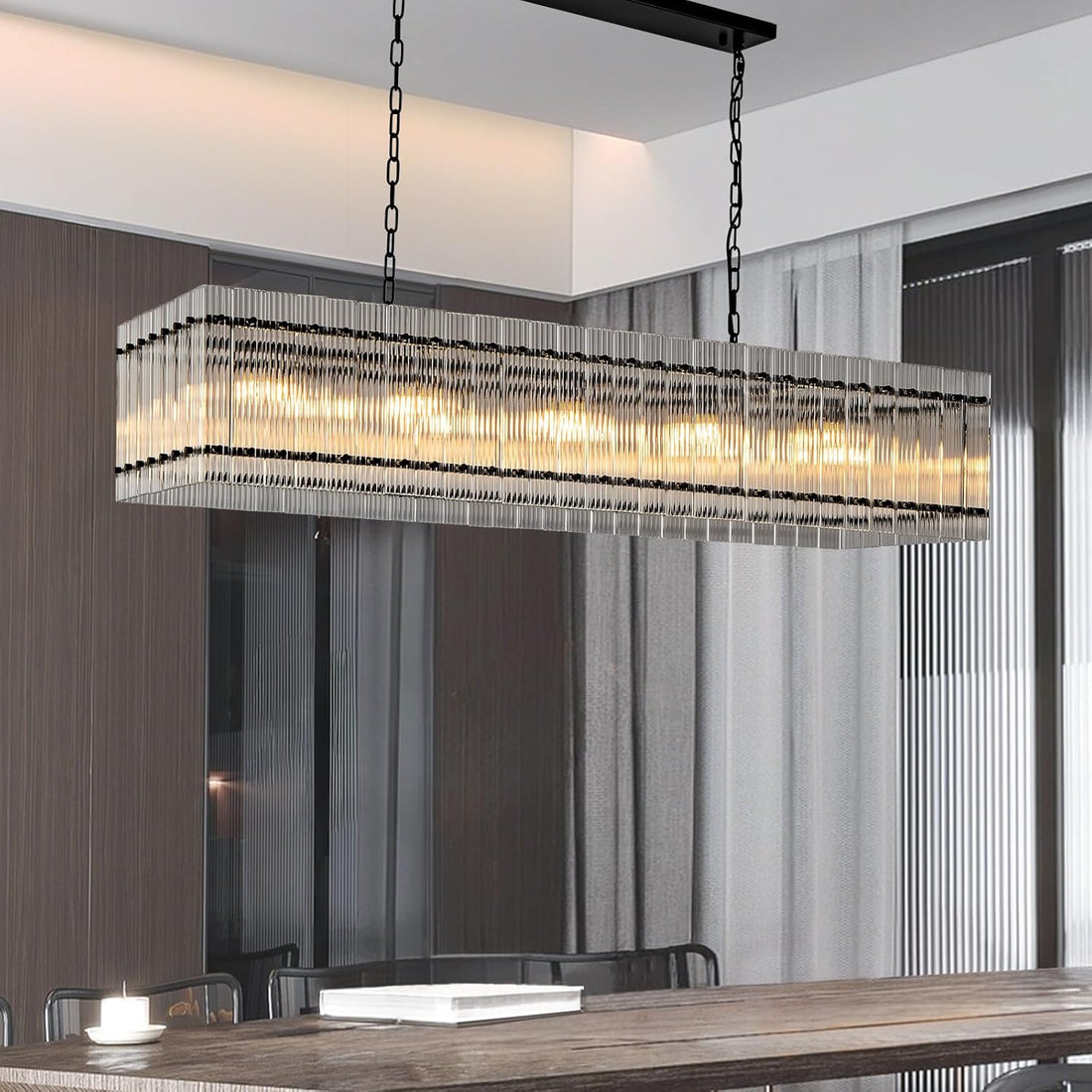 Black Chandeliers for Dining Room,55¡®¡¯Kitchen Island Lighting, Rectangular Water Ripple Glass Chandeliers