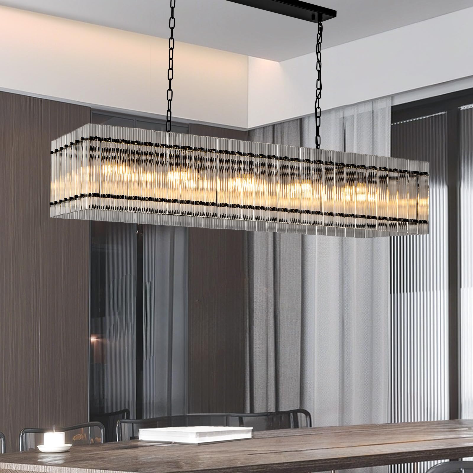 Black Chandeliers for Dining Room,55¡®¡¯Kitchen Island Lighting, Rectangular Water Ripple Glass Chandeliers