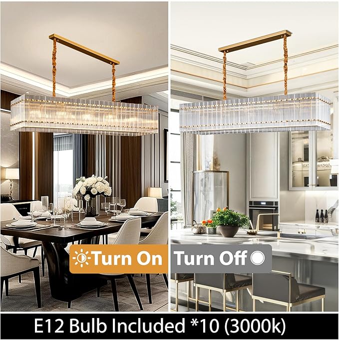 Gold Chandeliers for Dining Room,55¡®¡¯Kitchen Island Lighting, Rectangular Water Ripple Glass Chandeliers