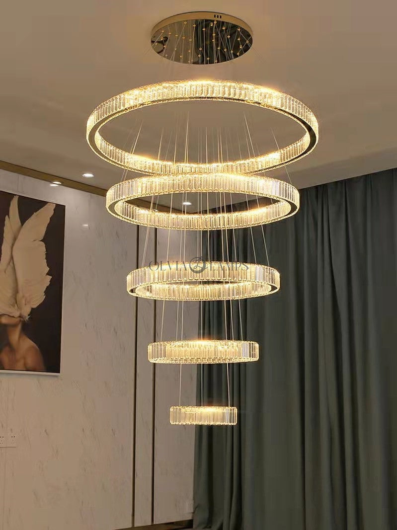 Huge Modern Front Entryway Luxury Chandelier 5 Rings Crystal Gold/ Chrome Finish Ceiling Lamp For Hotel Hallway Entrance High Ceiling