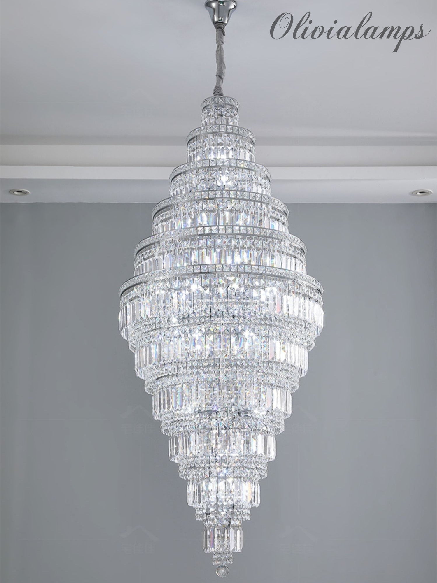 Chrome Extra Large Crystal Chandelier for Foyer Staircase Living Room Entrance Ceiling Light Fixture In Silver