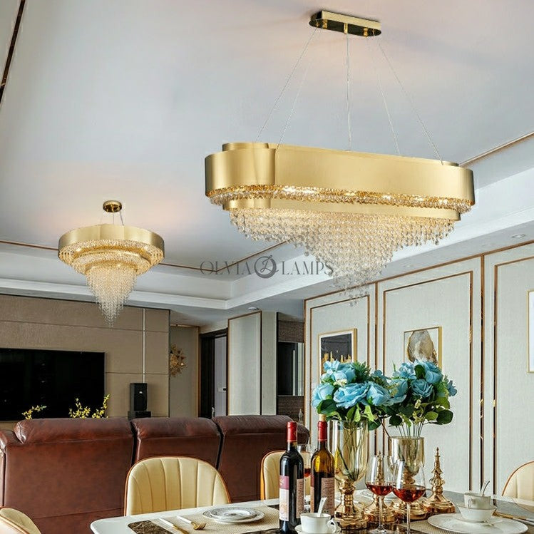 Decorative Gold Round Crystal Living Room Chandelier Light Oval Pendant Lamp For Dining Room Kitchen Table