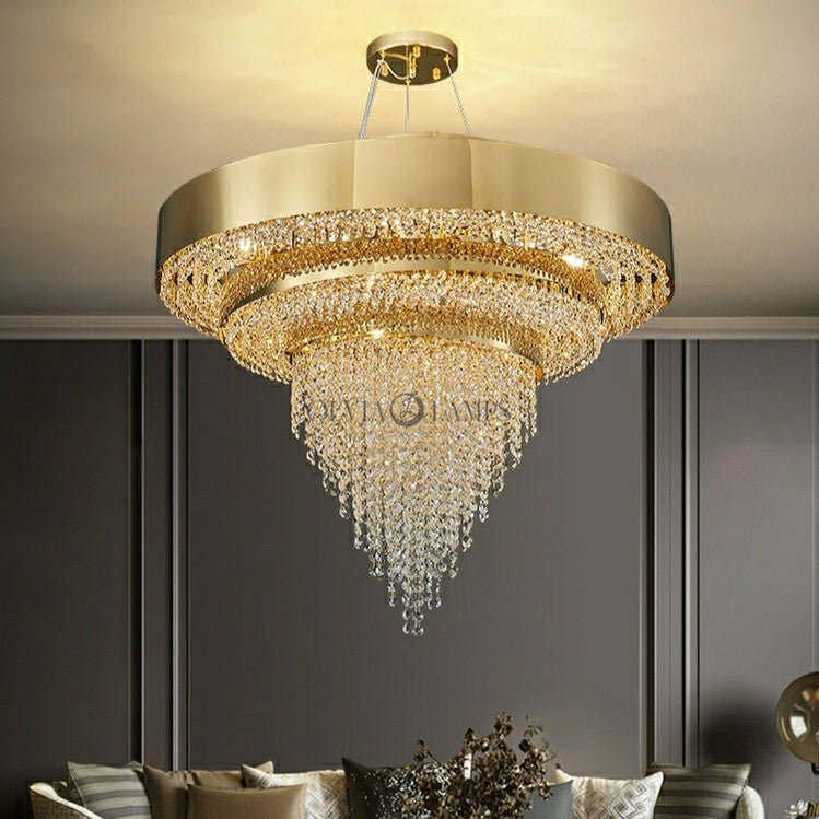 Decorative Gold Round Crystal Living Room Chandelier Light Oval Pendant Lamp For Dining Room Kitchen Table