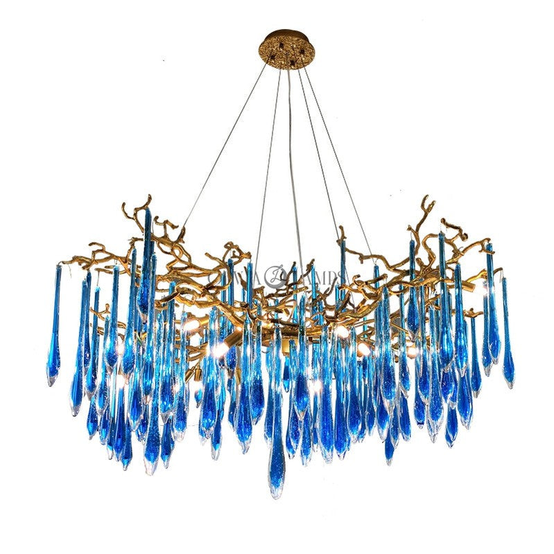 Elegant Blue Crystal Drops Chandelier Brass Branch Style Pendant Light For Living/ Dining Room