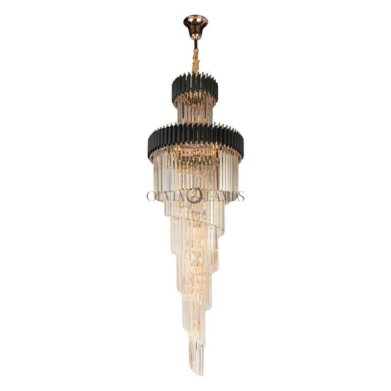 Oversized Customization D39.4"*H157.5" Vertical Long Crystal Shiny Bright Fabulous 2 Story Foyer Hallway Chandelier Spiral Staircase High Ceiling Lighting Fixture In Black/ Gold Finish