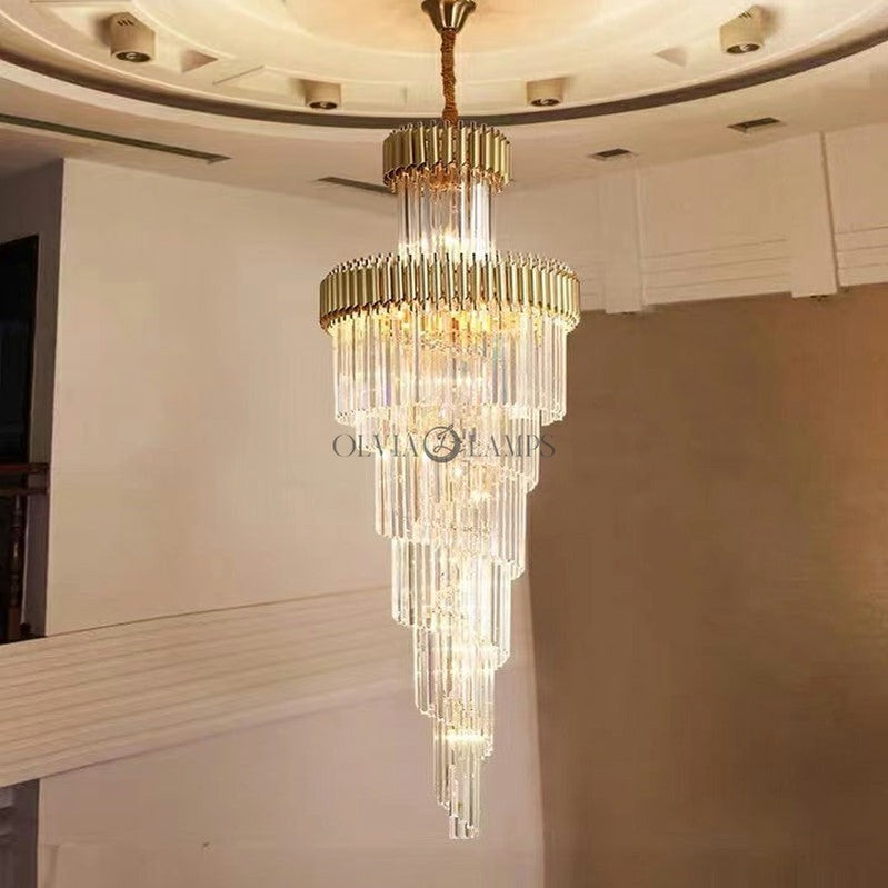 D47.2" * H196" Oversized Customization Vertical Long Crystal 2 Story Foyer Hallway Chandelier Spiral Staircase High Ceiling Lighting Fixture In Black/ Gold Finish