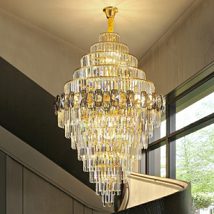 Fashion Large Staircase Chandelier For Foyer Living Room Entrance Crystal Ceiling Light Fixture In Gold Finish