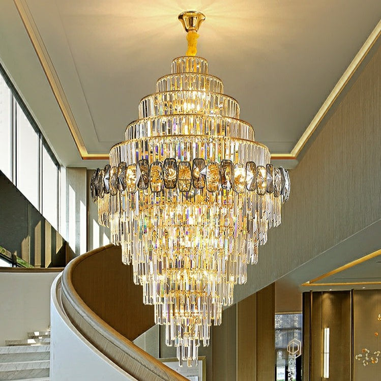 Fashion Large Staircase Chandelier For Foyer Living Room Entrance Crystal Ceiling Light Fixture In Gold Finish