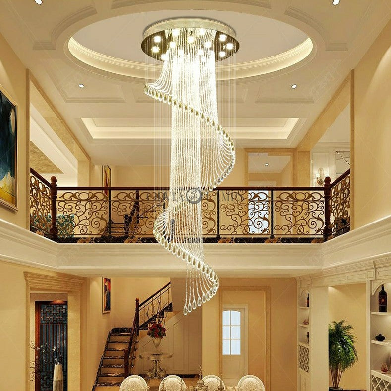 Flush Mounted Spiral Crystal Drops Chandelier Round LED Ceiling Lighting Fixture For Foyer Staircase/ Hotel Entrance