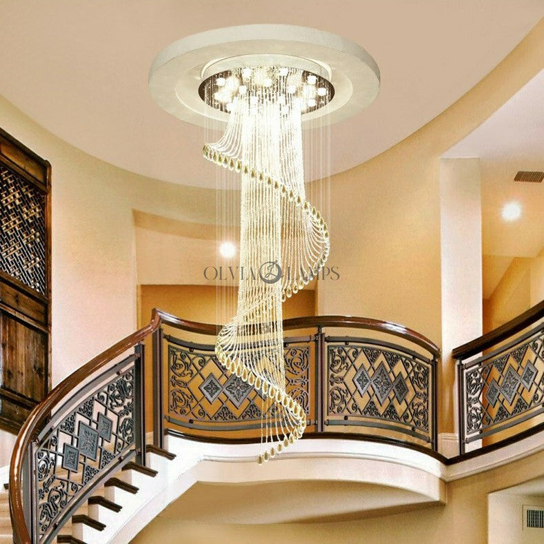 Flush Mounted Spiral Crystal Drops Chandelier Round LED Ceiling Lighting Fixture For Foyer Staircase/ Hotel Entrance