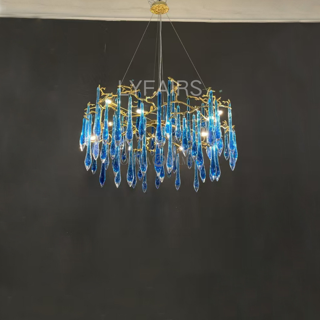 Elegant Blue Crystal Drops Chandelier Brass Branch Style Pendant Light For Living/ Dining Room