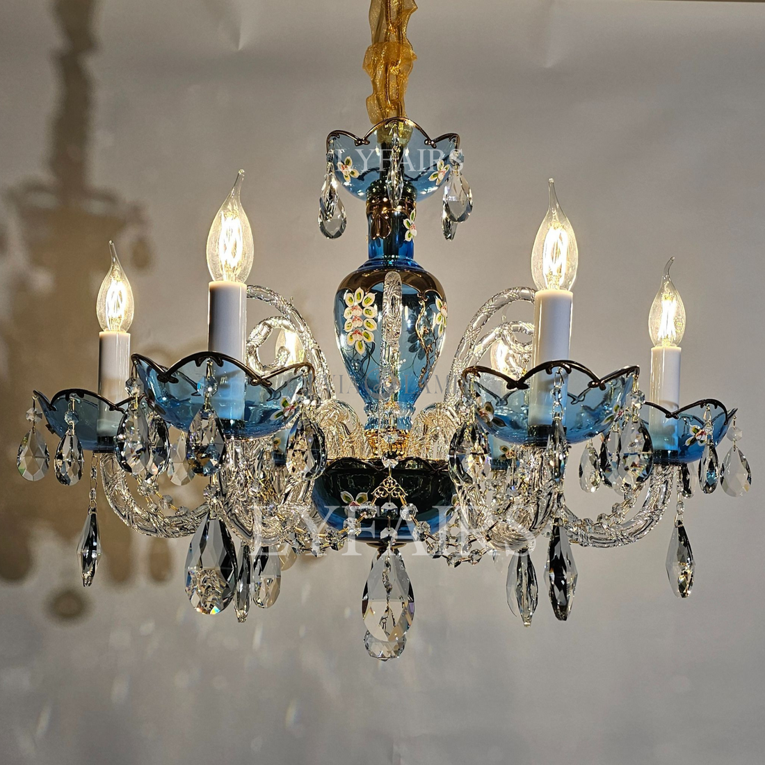 French Romantic Blue Crystal Designer Chandelier Modern Art Candle Branch Light Fixture For Bedroom/Living Room/Dining Room