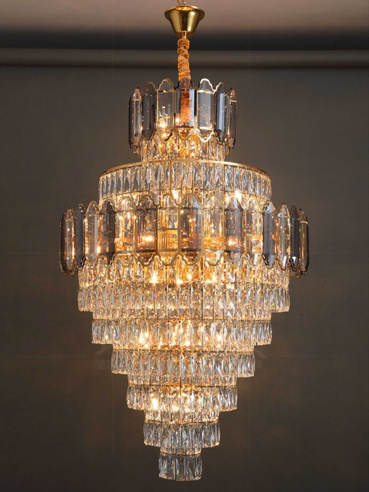 Large Staircase Crystal Chandelier Living Room Ceiling Light Fixture For Hotel Entrance In Gold Finish