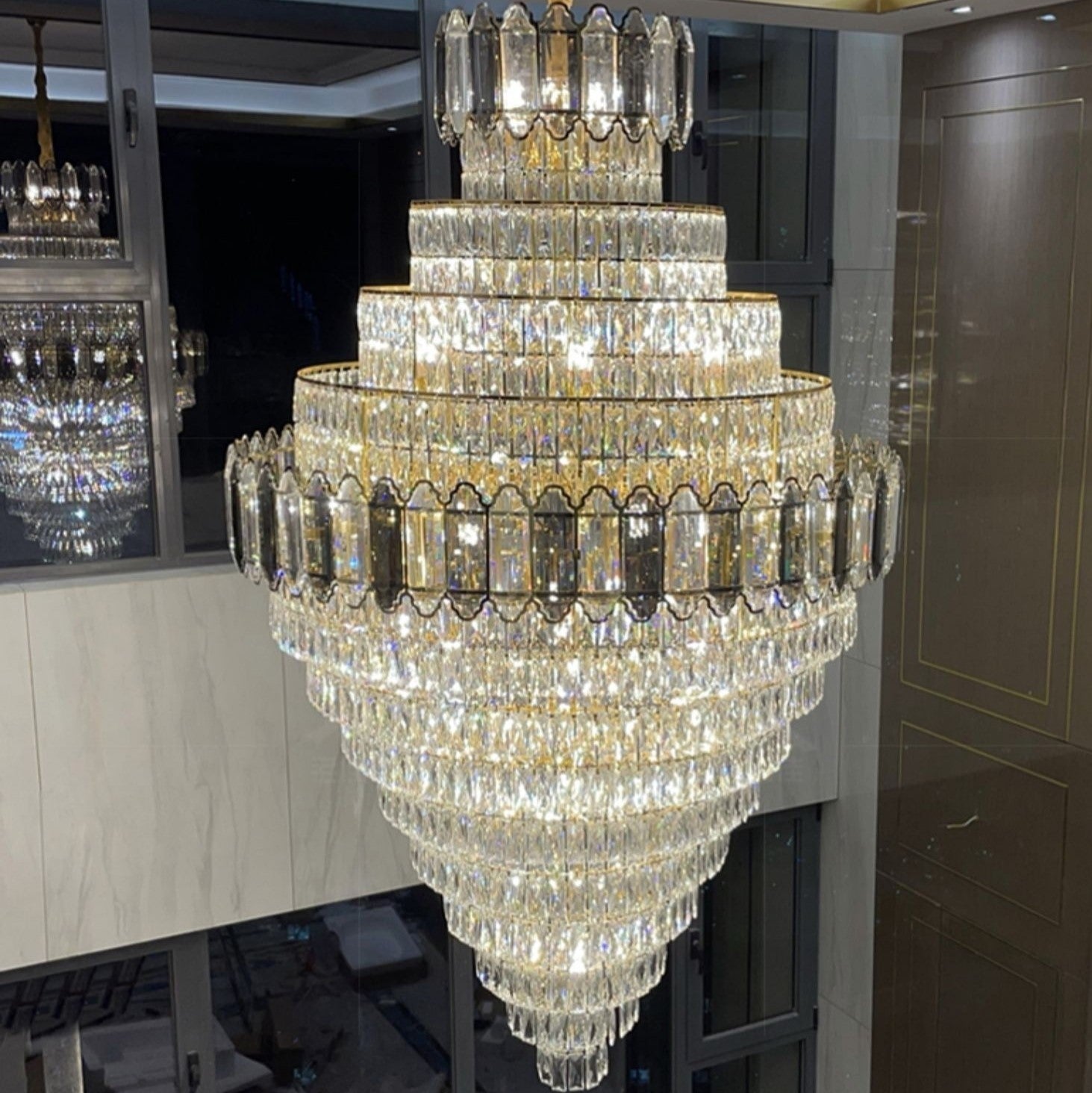 Large Staircase Crystal Chandelier Living Room Ceiling Light Fixture For Hotel Entrance In Gold Finish