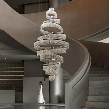 Long Crystal Tassel Rings Chandelier Extra Large Living Room Staircase High Ceiling Lighting Fixture