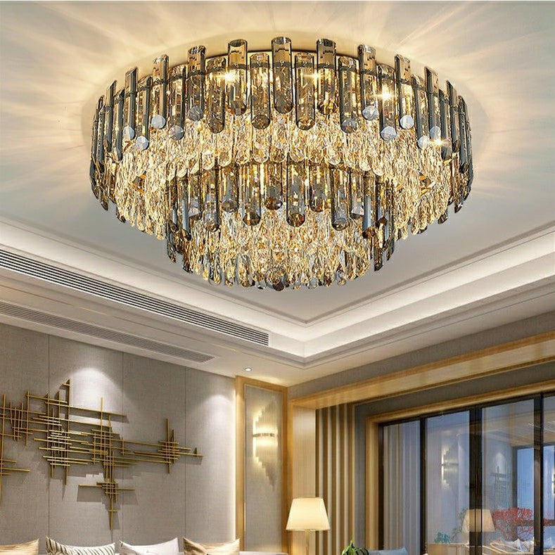 Luxury Large Flush Mounted K9 Crystal Chandelier 2 Layers