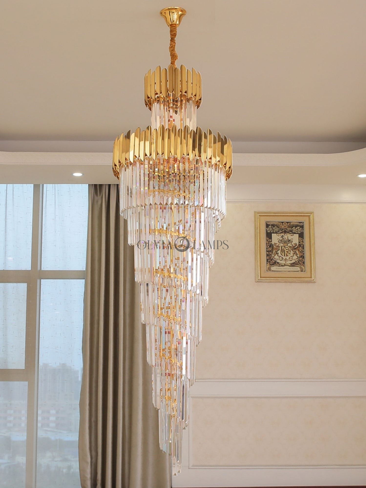 Luxury Gold Trimmed Long Crystal Chandelier Foyer Staircase Extra Large Ceiling Light Fixture