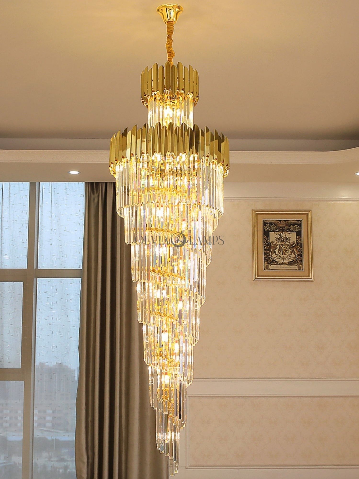 Luxury Gold Trimmed Long Crystal Chandelier Foyer Staircase Extra Large Ceiling Light Fixture