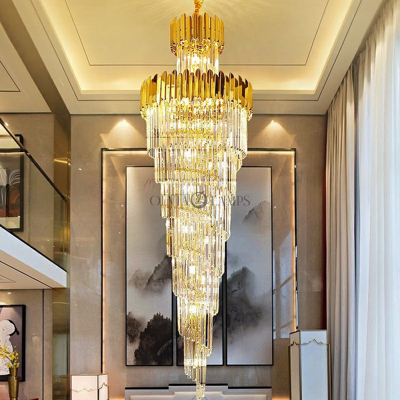 Luxury Gold Trimmed Long Crystal Chandelier Foyer Staircase Extra Large Ceiling Light Fixture