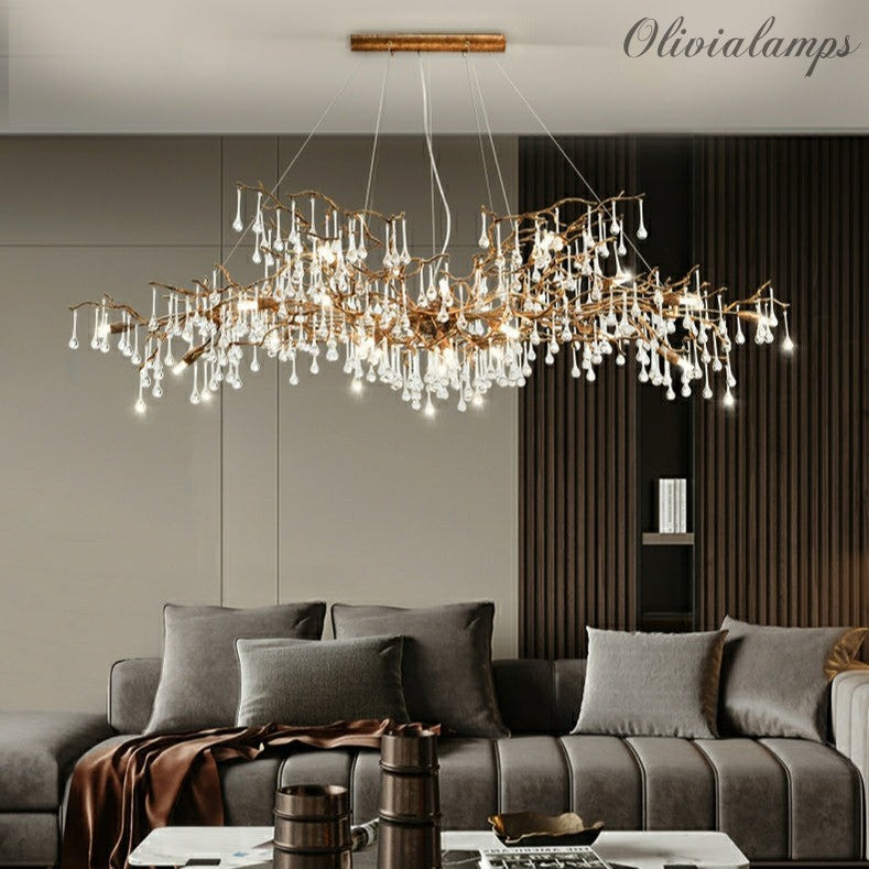 New Style Extra Large Brass Branch Chandelier Light Crystal Drops Pendant Lamp For Living/ Dining Room