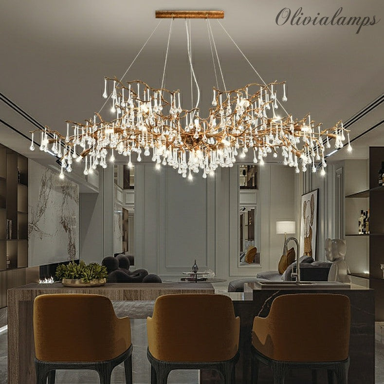 New Style Extra Large Brass Branch Chandelier Light Crystal Drops Pendant Lamp For Living/ Dining Room