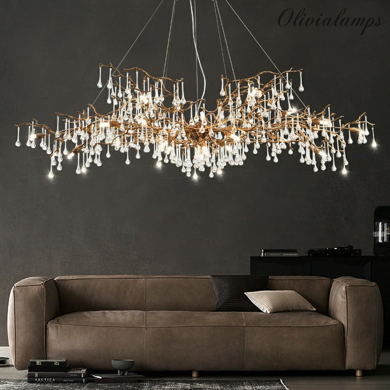 New Style Extra Large Brass Branch Chandelier Light Crystal Drops Pendant Lamp For Living/ Dining Room