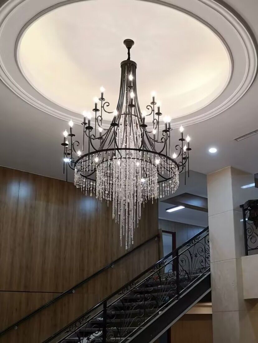 New American Vintage Iron Candle Crystal Chandelier,Fashion Shell Shape Staircase Foyer Lighting